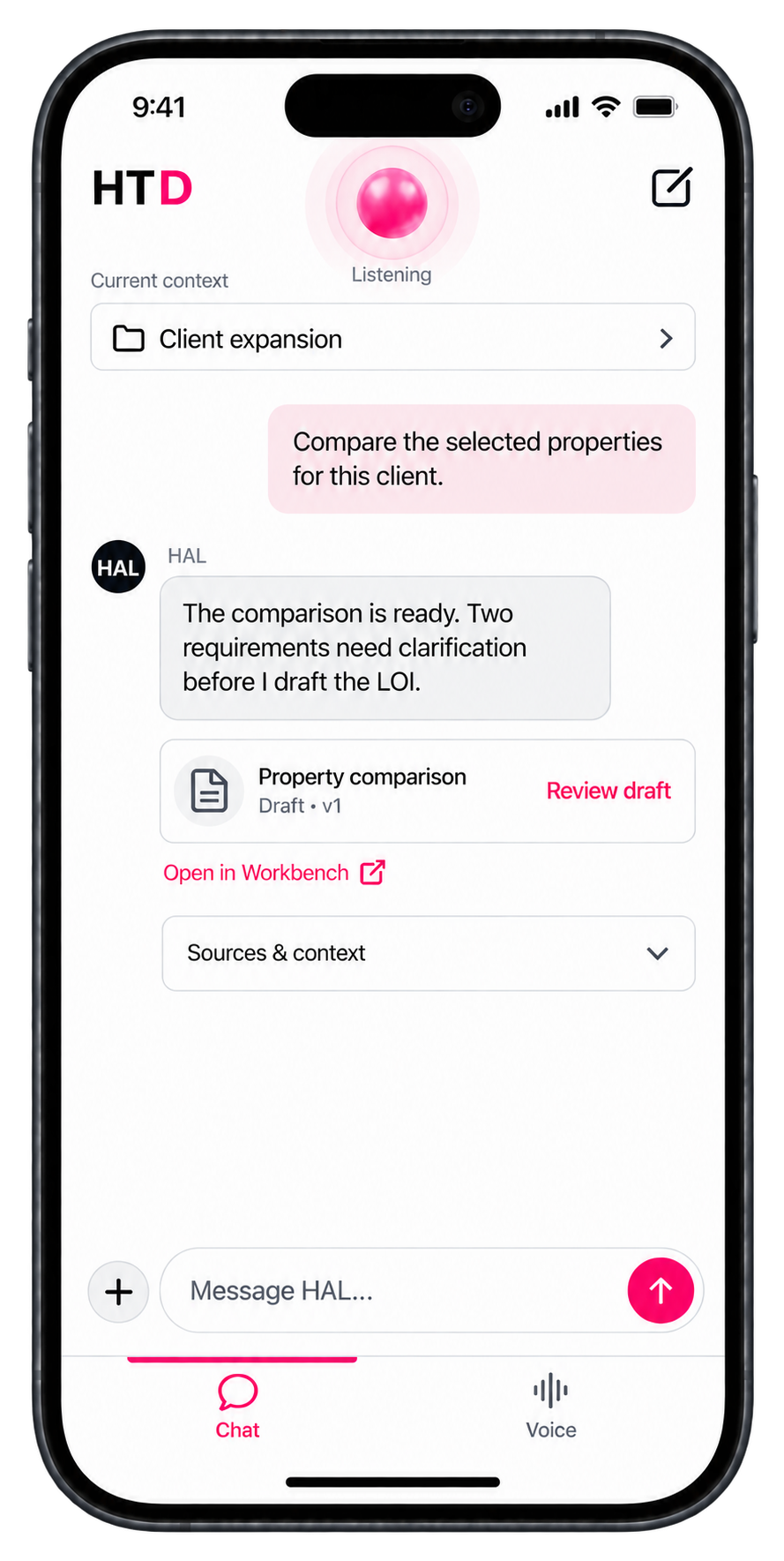 HAL mobile interface concept with a pink listening pulse. The conversation retains client expansion context and a property comparison draft for review.