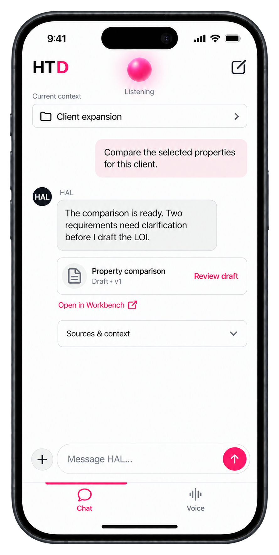 HAL mobile interface concept with a soft pink halo. A client expansion conversation includes a property comparison draft and sources and context.