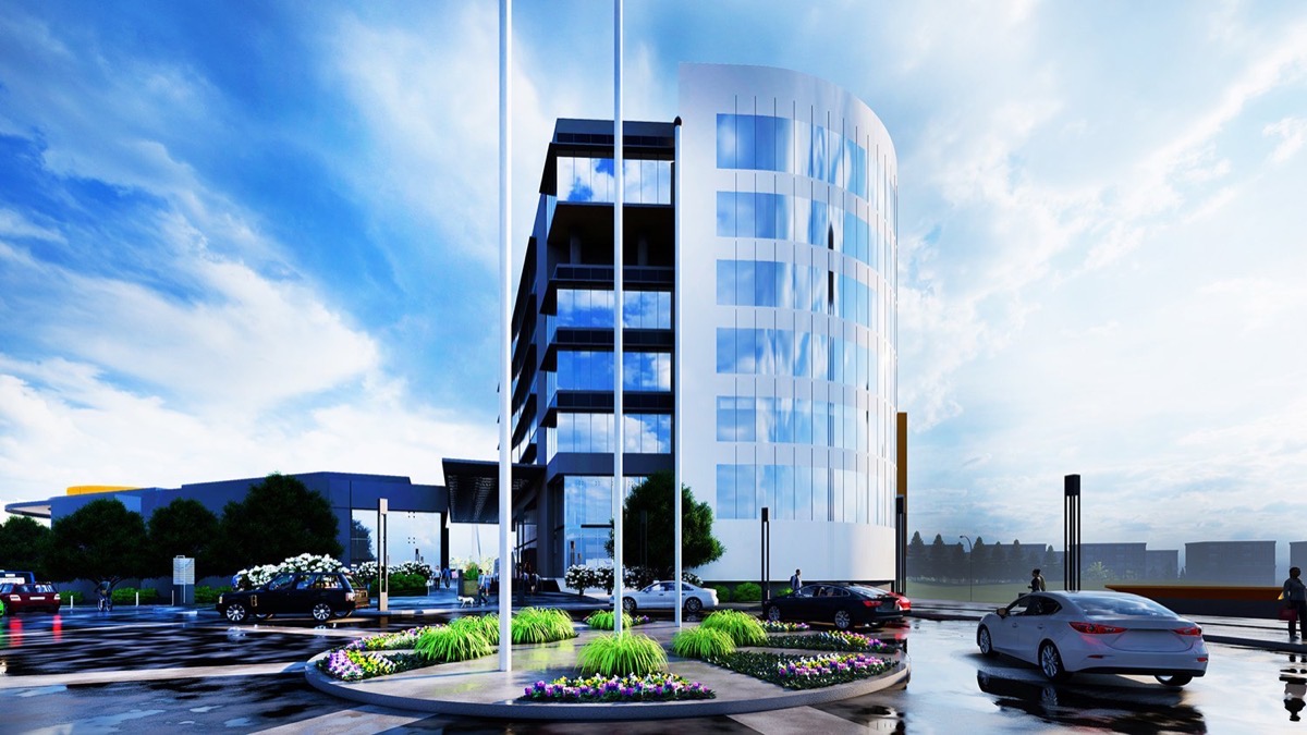 Rendering of Convergence Tower, a curved glass office tower in OKC's Innovation District