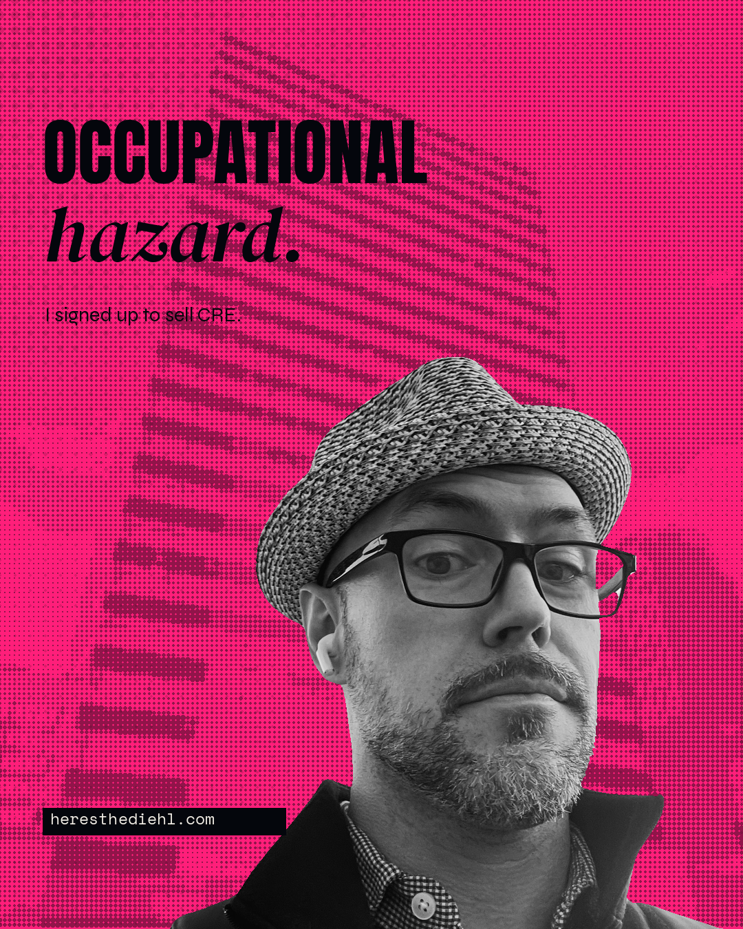Black-and-white portrait of Aaron Diehl over a pink architectural halftone, with the headline Occupational hazard.