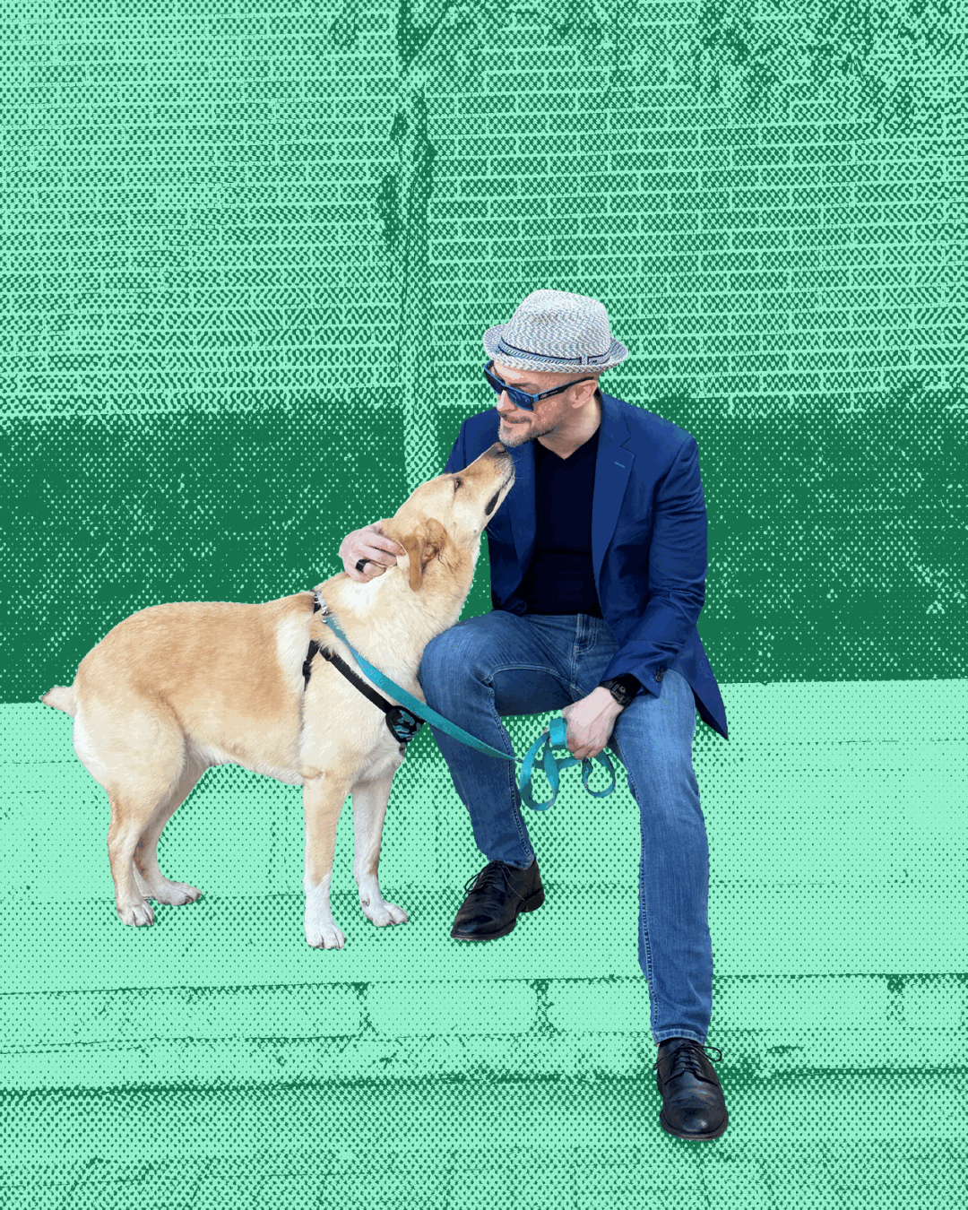 Aaron Diehl in a fedora and blue blazer on a bench with his dog Luna
