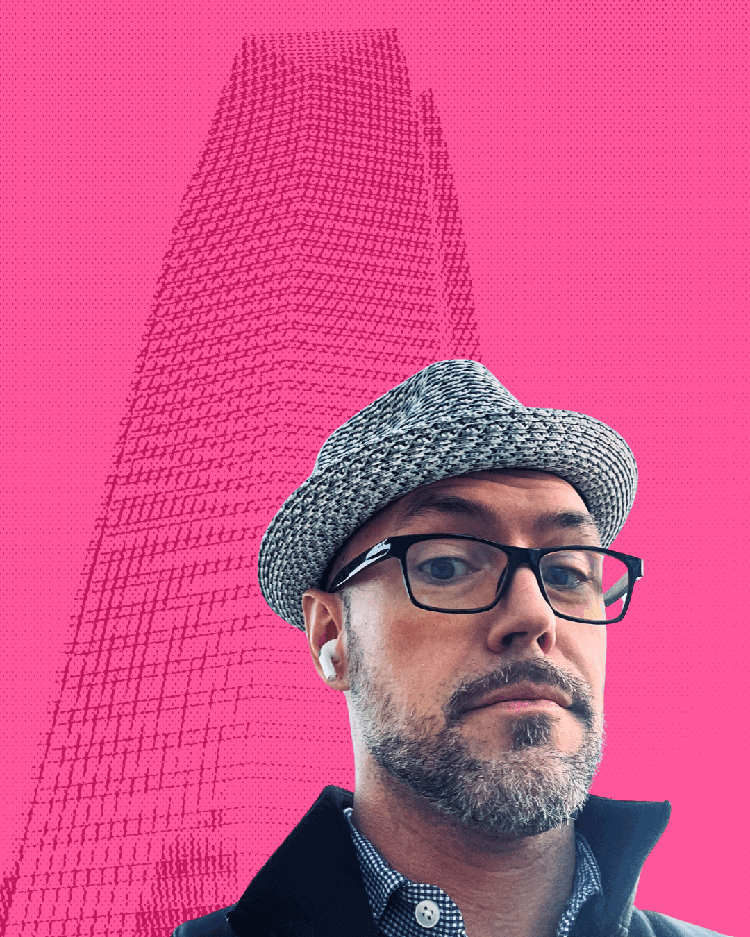 Aaron Diehl in a hat, reflective polaroid portrait at a table